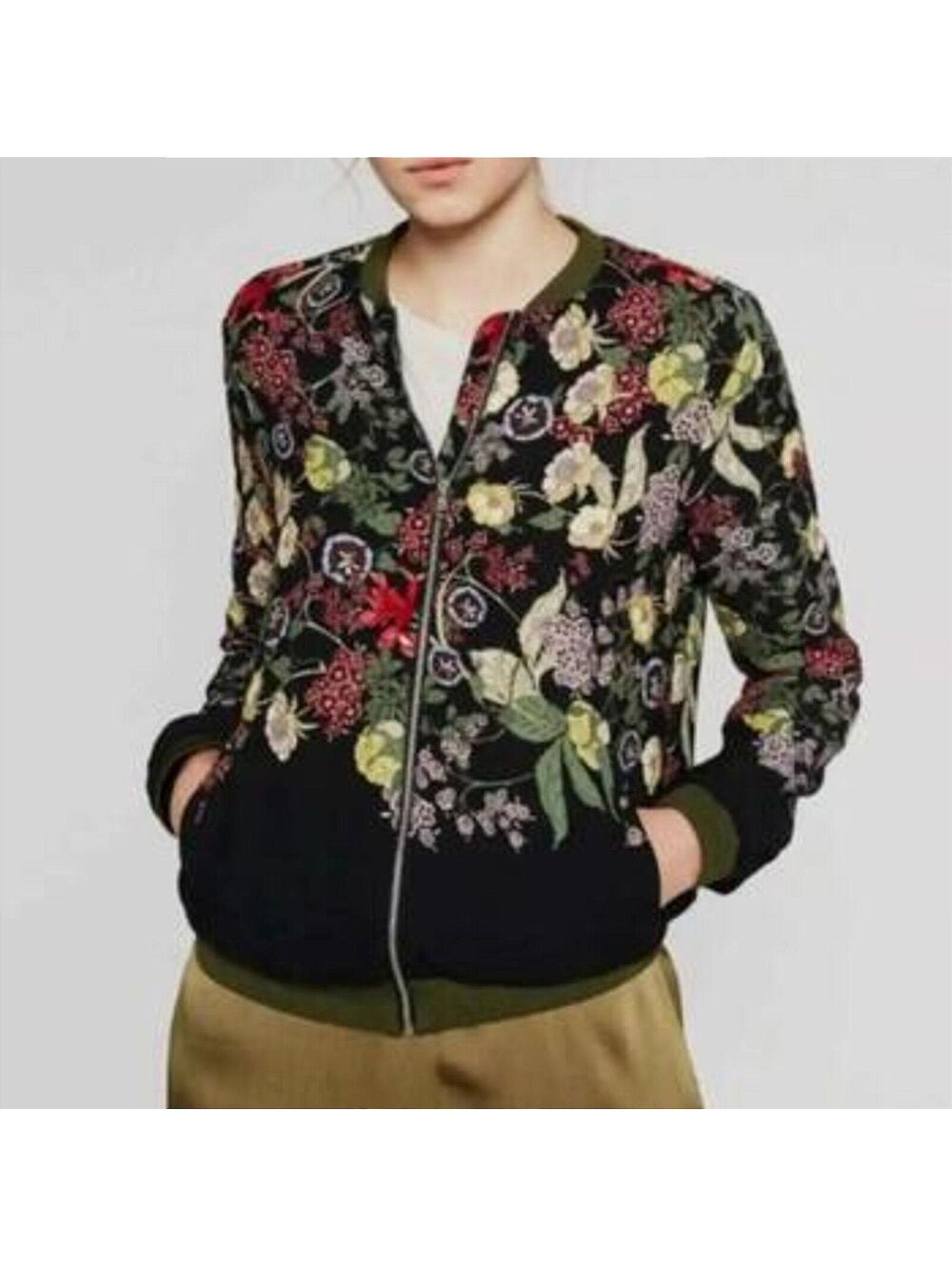 ZARA TRF Outerwear Floral Bomber Jacket // Dark Boho Whimsigoth Olive Green [S]